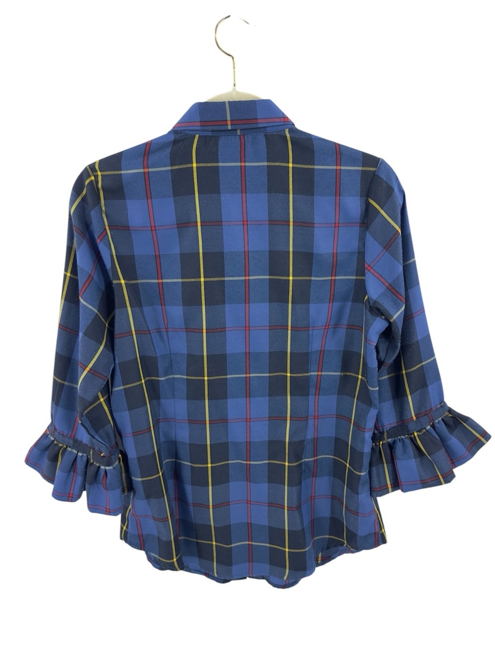 Gretchen Scott Duke Of York Priss Button Down Top Sz Medium Plaid Ruffle Sleeve - Picture 5 of 9